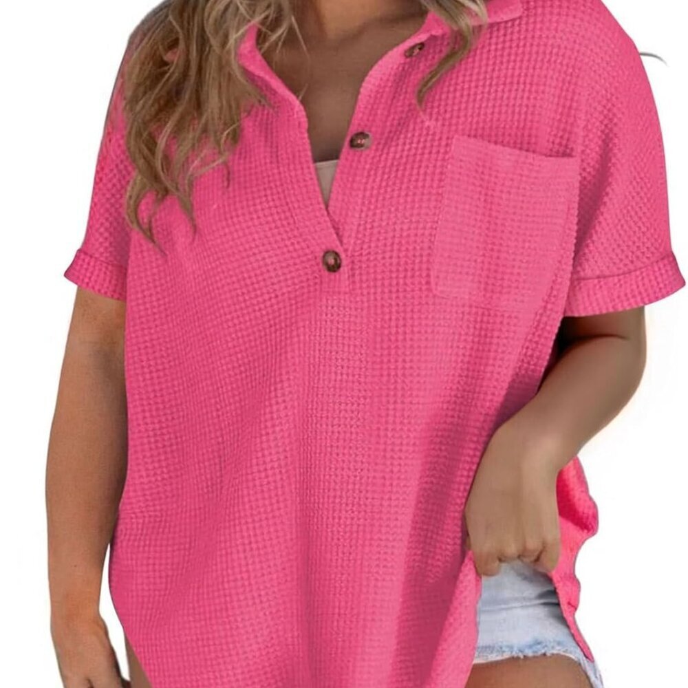 Women Plus Size Waffle Knit Tops Henley Shirts Short Sleeve V Neck Solid Color C
